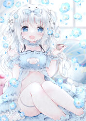 Rule 34 | 1girl, animal cutout, animal ears, ankle cuffs, blue eyes, blush, bow, breasts, choker, cleavage cutout, clothing cutout, dog ears, dog girl, dog tail, flower, flower request, food, frilled choker, frills, hair bow, highres, holding, holding food, ice cream, ice cream cup, lingerie, long hair, looking at viewer, moco ofuton, negligee, open mouth, original, sitting, small breasts, smile, solo, tail, thigh strap, two side up, underwear, very long hair, white hair, wrist cuffs