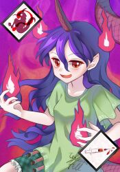 1girl ability_card_(touhou) chupacabra clothes_writing commentary_request english_text fireball green_shirt green_shorts horns long_hair long_tail mirei_(miirei) open_mouth purple_hair purple_horns red_eyes shirt short_sleeves shorts single_horn smile solo syringe tail tenkajin_chiyari test_tube touhou unfinished_dream_of_all_living_ghost