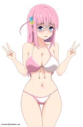 Rule 34 | 1girl, absurdres, bikini, blue eyes, bocchi the rock!, breasts, cowboy shot, cube hair ornament, double v, gluteal fold, gotoh hitori, hair ornament, highres, large breasts, navel, pink bikini, pink hair, roswell ss, shy, side ahoge, simple background, solo, stomach, sweatdrop, swimsuit, thigh gap, thighs, two-tone bikini, v, white background, white bikini
