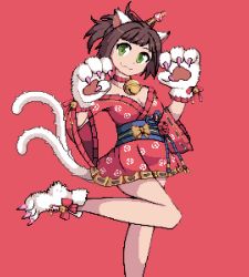 Rule 34 | 1girl, :3, animal ears, animal hands, animated, animated gif, bell, blinking, breasts, cat ears, cat tail, christian john sanchez, claws, cleavage, gloves, granblue fantasy, green eyes, idolmaster, idolmaster cinderella girls, jingle bell, looking at viewer, maekawa miku, paw gloves, pixel art, red background, short hair, smile, solo, standing, standing on one leg, tail, wide sleeves