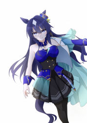 Rule 34 | 1girl, absurdres, animal ears, asymmetrical clothes, bare shoulders, blue hair, blush, breasts, cleavage, closed mouth, commentary request, dark blue hair, earrings, feet out of frame, hair between eyes, hair ornament, high heels, highres, horse ears, horse girl, horse tail, jewelry, long hair, looking at viewer, medium breasts, pantyhose, purple eyes, purple hair, shoes, simple background, single earring, skirt, smile, solo, standing, tail, take20131004, umamusume, uniform, verxina (umamusume), white background