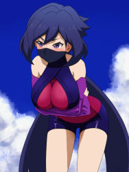 Rule 34 | 10s, 1girl, adapted costume, awa, ayame (gundam build divers), bike shorts, black hair, black shorts, blue sky, blush, breast hold, breasts, cleavage, cloud, cloudy sky, commentary request, cowboy shot, day, detached sleeves, gundam, gundam build divers, large breasts, long hair, looking away, mask, mouth mask, ninja, ninja mask, outdoors, purple eyes, red scarf, red shirt, scarf, shirt, short shorts, shorts, sky, solo, standing, very long hair