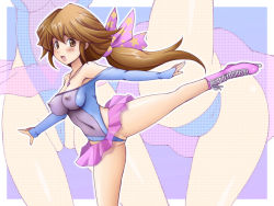 Rule 34 | 1girl, :d, ass, bare shoulders, blue leotard, breasts, bridal gauntlets, brown eyes, brown hair, cameltoe, cleft of venus, close-up, covered erect nipples, highleg, highleg leotard, ice skates, impossible clothes, kawai iyona, leotard, long hair, low ponytail, magical taruruuto-kun, medium breasts, off shoulder, open mouth, pussy, revealing clothes, see-through, skates, smile, solo, spread legs, tsumitani daisuke, wedgie