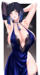 Rule 34 | 1girl, armpits, arms up, asymmetrical gloves, bare shoulders, blue dress, bob cut, border, breasts, cero rains, cleavage, commentary, curvy, diagonal bangs, dice, dress, ear piercing, earrings, english commentary, evening gown, genshin impact, gloves, gradient background, green eyes, halterneck, highres, huge breasts, jewelry, looking to the side, mole, mole on breast, multicolored hair, neck tassel, piercing, short hair, steaming body, tassel choker, thighhighs, tongue, tongue out, white border, yelan (genshin impact)
