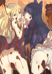 Rule 34 | 10s, 2girls, ass, black hair, blonde hair, blue eyes, bow, breast press, breasts, censored, chocolate, convenient censoring, dress, earrings, hair bow, holding hands, jewelry, long hair, medium breasts, multiple girls, panties, panty &amp; stocking with garterbelt, panty (psg), red dress, siblings, sisters, small breasts, smile, stocking (psg), symmetrical docking, thighhighs, tongue, underwear, utu (wakon)
