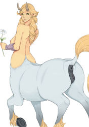 Rule 34 | 1girl, artist name, ass, blonde hair, blush, breasts, centaur, etheross, female focus, flower, from behind, green eyes, hand up, highres, holding, hooves, horns, horse tail, lips, long hair, looking at viewer, looking back, looking to the side, medium breasts, monster girl, nipples, nude, pointy ears, pussy, simple background, smile, solo, standing, tail, taur, teeth, text focus, third-party edit, uncensored, watermark, white background, white flower