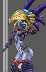 Rule 34 | 1girl, blue eyes, breasts, closed mouth, colored skin, grey skin, helmet, holding, holding sword, holding weapon, humanoid robot, iota (pochincoff), katana, looking at viewer, medium breasts, nipples, one breast out, original, pochincoff, robot, smile, solo, standing, sword, weapon