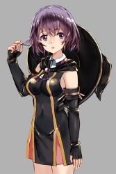 Rule 34 | 10s, 1girl, bare shoulders, black dress, black gloves, breasts, capelet, commentary request, covered navel, dress, elbow gloves, fingerless gloves, gloves, hai to gensou no grimgar, hand in own hair, hat, highres, looking to the side, open mouth, purple eyes, purple hair, ruisento, shihoru (grimgar), short hair, sleeveless, sleeveless dress, solo, witch hat