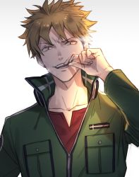 Rule 34 | 1boy, berry o t, blonde hair, cigarette, green jacket, hand up, holding, holding cigarette, jacket, long sleeves, male focus, open mouth, red shirt, shirt, short hair, simple background, smile, smoking, solo, suwa koutarou, upper body, v-shaped eyebrows, white background, world trigger