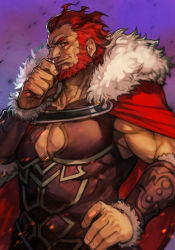 Rule 34 | 1boy, armor, beard, brown armor, cape, closed mouth, clothing cutout, dark-skinned male, dark skin, facial hair, fate/zero, fate (series), fingernails, fur-trimmed cape, fur trim, hand on own hip, hand on own chin, hungry clicker, iskandar (fate), looking at viewer, male focus, muscular, muscular male, pectoral cleavage, pectorals, red cape, red eyes, red hair, short hair, sleeveless, smile, solo, very short hair