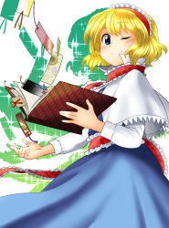 Rule 34 | 1girl, alice margatroid, blonde hair, blue eyes, blush, bon (rump), book, bookmark, headband, highres, one eye closed, open book, shadow, short hair, simple background, smile, solo, sparkle, touhou, white background, wink