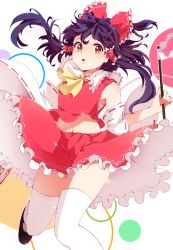 Rule 34 | 1girl, ascot, between fingers, blush, bow, circle, collar, detached sleeves, frilled bow, frilled collar, frilled skirt, frills, gohei, hair bow, hair tubes, hakurei reimu, highres, holding, japanese clothes, jumping, lips, long hair, long sleeves, looking at viewer, mary janes, midriff, miko, minorinashi, navel, ofuda, open mouth, ponytail, purple hair, red eyes, red skirt, ribbon, ribbon-trimmed sleeves, ribbon trim, shirt, shoes, skirt, skirt set, sleeveless, solo, sparkle, talisman, thighhighs, thighs, touhou, upskirt, white background, white thighhighs, wide sleeves, zettai ryouiki