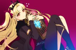 Rule 34 | 1girl, asymmetrical legwear, bad id, bad pixiv id, birdcage, black legwear, blonde hair, blush, bow, cage, earrings, ereshkigal (fate), ereshkigal (third ascension) (fate), fate/grand order, fate (series), hair bow, hair ribbon, heart, highres, holding, holding cage, jewelry, long hair, looking at viewer, mismatched legwear, parted bangs, red background, red eyes, ribbon, simple background, skull, smile, solo, tenoteno syumi, tiara, two side up, very long hair