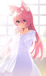 Rule 34 | 1girl, animal ear fluff, blue eyes, commission, curtains, highres, light smile, long hair, long sleeves, mamyouda, nightgown, pink hair, see-through silhouette, signature, sunlight, vrchat, window