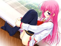 Rule 34 | 1girl, feet, feet together, flat chest, game cg, hime x hime, indoors, kujouin saki, no shoes, panties, pink hair, purple eyes, school uniform, sitting, solo, tagme, thighhighs, underwear