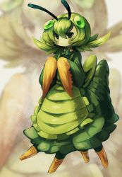 Rule 34 | 1girl, absurdres, antennae, apron, arthropod girl, closed mouth, colored skin, extra eyes, full body, green apron, green eyes, green hair, green skin, highres, long sleeves, looking at viewer, maid apron, mantis girl, medium hair, okame nin, original, solo, standing, tail, wide sleeves, zoom layer