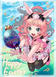 Rule 34 | 1girl, :d, animal ears, bird, blush, bow, chicken, crown, dress, easter, easter egg, egg, english text, flats, frills, garter straps, grass, green eyes, hair bow, happy easter, highres, jumping, layered sleeves, long hair, naimaze atakamo, open mouth, original, pink hair, pom pom (clothes), ponytail, rabbit ears, reaching, short sleeves, sky, smile, solo, thighhighs