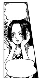 Rule 34 | 1girl, absurdres, boa hancock, dress, earrings, female focus, highres, impel down, jewelry, long image, monochrome, one piece, solo, speech bubble, tall image