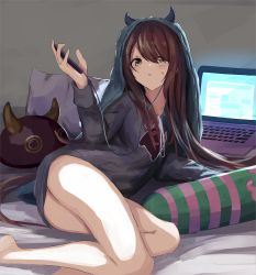 Rule 34 | 1girl, arm up, ass, bare legs, barefoot, bed sheet, black hoodie, blush, brown eyes, brown hair, cellphone, commentary request, computer, cushion, doran (dorannomai), glowing, hair between eyes, highres, holding, holding phone, hood, hoodie, horns, idolmaster, idolmaster shiny colors, laptop, long hair, long sleeves, lying, on side, osaki tenka, parted lips, phone, pillow, solo, sweat, very long hair