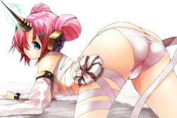 Rule 34 | 1girl, all fours, ass, awa (rosemarygarden), bandages, blue eyes, butt crack, commentary request, detached sleeves, double bun, fate/grand order, fate (series), frankenstein&#039;s monster (fate), frankenstein&#039;s monster (swimsuit saber) (third ascension) (fate), from behind, hair bun, hair over one eye, horns, long hair, looking back, naked bandage, panties, panty pull, single horn, solo, underwear, underwear only, white panties