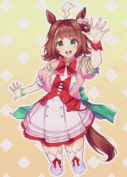 Rule 34 | 1girl, :d, absurdres, ahoge, animal ears, bow, bowtie, brown hair, cowboy shot, cynthia (uuzz5324), dress, green eyes, highres, horse ears, horse girl, jacket, long hair, looking at viewer, open mouth, pink jacket, red bow, red bowtie, rhein kraft (umamusume), smile, solo, star-shaped pupils, star (symbol), symbol-shaped pupils, thighhighs, umamusume, white dress, white thighhighs