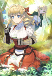 Rule 34 | 2girls, blonde hair, blue eyes, braid, cape, day, dress, drill hair, elf, eltolinde (unicorn overlord), flower, forest, gauntlets, grass, green cape, green eyes, hair ribbon, hands up, highres, holding, holding flower, juliet sleeves, kneeling, leotard, long hair, long sleeves, multiple girls, nature, ouosoul, outdoors, pointy ears, puffy sleeves, red dress, red ribbon, ribbed sweater, ribbon, scarlett (unicorn overlord), standing, sweater, turtleneck, turtleneck sweater, twin braids, unicorn overlord, white leotard, white sweater
