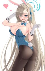 Rule 34 | 1girl, animal ears, aqua leotard, asuna (blue archive), asuna (bunny) (blue archive), blue archive, blue bow, blue bowtie, blue eyes, blue leotard, bow, bowtie, breasts, cleavage, detached collar, fake animal ears, fake tail, gloves, hair over one eye, halo, heartsix, highleg, highleg leotard, highres, large breasts, leotard, light brown hair, long hair, looking at viewer, official alternate costume, pantyhose, playboy bunny, rabbit ears, solo, strapless, strapless leotard, tail, thighband pantyhose, traditional bowtie, white background, white gloves