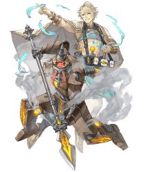 Rule 34 | 1boy, aladdin (sinoalice), blonde hair, blue eyes, bracelet, cloak, controller, full body, glowing, glowing eyes, grin, jewelry, ji no, joints, looking at viewer, male focus, official art, pointing, pointy footwear, polearm, remote control, ring, robot, robot joints, sinoalice, smile, solo, spear, steam, transparent background, weapon
