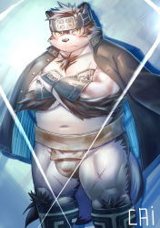 Rule 34 | 1boy, abs, absurdres, ainu clothes, animal ears, bara, belly, blush, bulge, chest hair, cross scar, crossed arms, fat, fat man, feet out of frame, furry, furry male, grey fur, grey hair, headband, highres, horkeu kamui, jacket, jacket on shoulders, male focus, multicolored hair, muscular, muscular male, navel, no shirt, pectoral squeeze, pelvic curtain, pout, scar, scar on leg, short hair, shoyuna (cai1448331577), solo, stomach, tail, thick thighs, thighs, tokyo houkago summoners, two-tone fur, two-tone hair, wolf boy, wolf ears, wolf tail, yellow eyes