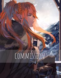 Rule 34 | 1girl, arm guards, armor, bad id, bad twitter id, braid, breastplate, brown eyes, brown gloves, coat, commentary, commission, english commentary, french braid, fur collar, gloves, hair between eyes, hair tie, high ponytail, highres, ice, long hair, miss eliott, orange hair, original, pointy ears, ponytail, profile, purple eyes, scar, snow, warrior