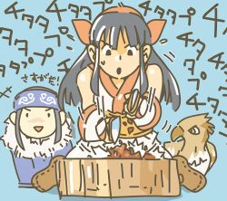 Rule 34 | 2girls, ainu clothes, artist name, asirpa, black eyes, black hair, breasts, crossover, fingerless gloves, food, gloves, golden kamuy, hair ribbon, headband, highres, legs, mamahaha, multiple girls, nakoruru, open mouth, pants, ribbon, samurai spirits, sitting, small breasts, smile, snk, the king of fighters, thighs
