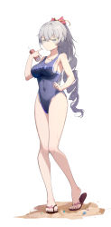 Rule 34 | 1girl, :&lt;, absurdres, beach, blue one-piece swimsuit, bow, breasts, bronya zaychik, bronya zaychik (silverwing: n-ex), can, closed mouth, competition swimsuit, covered navel, dianhua dianhua he, drill hair, drink can, drinking straw, flip-flops, full body, grey eyes, grey hair, hair bow, highres, holding, holding can, honkai (series), honkai impact 3rd, large breasts, long hair, looking at viewer, one-piece swimsuit, sand, sandals, simple background, soda can, solo, standing, swimsuit, thighs, toes, white background