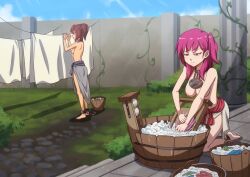 Rule 34 | 2girls, angry, breasts, brown hair, bucket, chain, collar, drying, drying clothes, female focus, full body, magi the labyrinth of magic, medium breasts, morgiana, multiple girls, nipples, nude, outdoors, pink eyes, pink hair, short hair, slave, standing, the dark mangaka, topless, washing, washing clothes, working