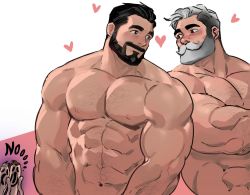 Rule 34 | 4boys, ?, abs, bara, beard, black hair, blush, brown hair, chest hair, completely nude, couple, crossed arms, dopey (dopq), eye contact, facial hair, hairy, heart, jealous, large pectorals, light brown hair, looking at another, male focus, male underwear, mature male, multiple boys, muscular, muscular male, mustache, navel, navel hair, nipples, nude, original, parody, parody request, pectorals, peeking out, short hair, smile, stomach, thick eyebrows, underwear, white hair, yaoi