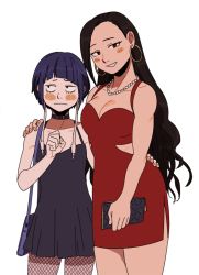 Rule 34 | 10s, 2girls, alternate hairstyle, asymmetrical bangs, bad id, bad pixiv id, bag, bare shoulders, black dress, blunt bangs, blush, boku no hero academia, breasts, brown eyes, brown hair, choker, cleavage, closed mouth, cowboy shot, dress, earrings, embarrassed, fishnets, hand on another&#039;s hip, hand on another&#039;s shoulder, handbag, height difference, hoop earrings, jewelry, jirou kyouka, long hair, looking away, multiple girls, necklace, pantyhose, parted lips, pearl necklace, purple hair, red dress, short hair, smile, strawberryjamm, very long hair, wavy hair, wavy mouth, white background, yaoyorozu momo, yuri