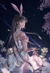 Rule 34 | 1girl, absurdres, animal ears, back, douluo dalu, dress, earrings, expressionless, falling petals, feng men ji mifan, flower, highres, jewelry, lantern, looking at viewer, looking back, night, night sky, petals, pink dress, ponytail, rabbit ears, second-party source, shooting star, sky, solo, star (sky), upper body, xiao wu (douluo dalu)