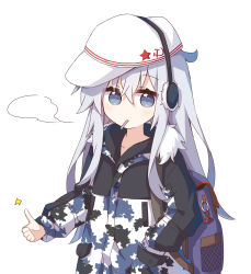 Rule 34 | 1girl, absurdres, alternate costume, blue eyes, blush, camouflage, camouflage jacket, collarbone, earmuffs, fur trim, hair between eyes, hammer and sickle, hand in pocket, hibiki (kancolle), highres, jacket, kantai collection, long hair, long sleeves, silver hair, simple background, solo, thumbs up, verniy (kancolle), white background, white headwear, yoshinao (yoshinao 0203)