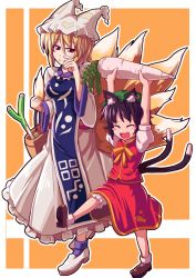 Rule 34 | 2girls, :3, animal ears, animal hat, arms up, bag, blonde hair, blush stickers, brown hair, cat ears, cat tail, chen, closed eyes, daikon, dress, ear piercing, earrings, fang, fox tail, hat, hat with ears, holding up, jewelry, kitsune, kyuubi, long sleeves, mob cap, multiple girls, multiple tails, nekomata, open mouth, piercing, puffy sleeves, radish, shirt, shopping bag, short sleeves, single earring, skirt, smile, spring onion, tabard, tail, tanakara, touhou, two tails, vest, white dress, wide sleeves, yakumo ran, yellow eyes