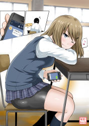 Rule 34 | 1boy, 1girl, :d, ;p, bike shorts, breasts, brown hair, cellphone, chair, classroom, commentary request, desk, grey eyes, hair ornament, hairclip, highres, holding, holding phone, line (naver), looking at viewer, medium breasts, musical note, one eye closed, open mouth, original, phone, plaid, plaid skirt, quaver, sabo rin, school, school desk, school uniform, shiny skin, shirt, shorts, shorts under skirt, sitting, skirt, smartphone, smile, speech bubble, spoken musical note, surprised, sweatdrop, sweater vest, tongue, tongue out, translation request, window, yano toshinori