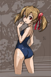 Rule 34 | 10s, 1girl, :o, ass, bare shoulders, blue one-piece swimsuit, blue school swimsuit, brown hair, cowboy shot, dated, female focus, from behind, hair ribbon, looking at viewer, looking back, one-piece swimsuit, red eyes, ribbon, rohitsuka, school swimsuit, silica, sketch, solo, swimsuit, sword art online, twintails