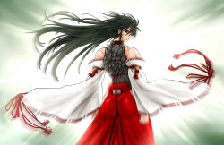 Rule 34 | 1girl, archer (fate), ass, bare shoulders, black eyes, black hair, clenched hands, detached sleeves, fate/stay night, fate (series), female focus, from behind, gradient background, hakama, hakama pants, highres, japanese clothes, ledjoker07, leotard, long hair, looking back, m.u.g.e.n, motion blur, muscular, nontraditional miko, original, pants, parody, red hakama, scar, sendai hakurei no miko, smile, solo, tassel, touhou