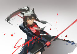 Rule 34 | 1girl, absurdres, animal ears, arknights, artist name, black jacket, black shorts, blood, closed mouth, cowboy shot, dual wielding, gradient background, grey background, grey necktie, highres, holding, holding sword, holding weapon, jacket, long hair, long sleeves, looking at viewer, necktie, official alternate costume, open clothes, open jacket, ponytail, red eyes, red shirt, sample watermark, shirt, shorts, sidelocks, solo, striped necktie, sword, texas (arknights), texas (willpower) (arknights), tianye toshi, watermark, weapon, wolf ears