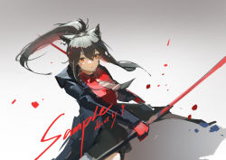 1girl absurdres amano_toshi animal_ears arknights artist_name black_jacket black_shorts blood closed_mouth cowboy_shot dual_wielding gradient_background grey_background grey_necktie highres holding holding_sword holding_weapon jacket long_hair long_sleeves looking_at_viewer necktie official_alternate_costume open_clothes open_jacket ponytail red_eyes red_shirt sample_watermark shirt shorts sidelocks solo striped_necktie sword texas_(arknights) texas_(willpower)_(arknights) watermark weapon wolf_ears