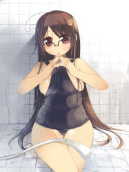Rule 34 | 1girl, absurdres, ahoge, arima senne, bare shoulders, breasts, brown hair, clothes pull, glasses, highres, kashiwamochi yomogi, large breasts, long hair, one-piece swimsuit, one-piece swimsuit pull, original, plump, purple eyes, red eyes, school swimsuit, showering, smile, solo, swimsuit, tareme, thighs, very long hair, wakamezake, wet