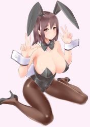 Rule 34 | 1girl, absurdres, animal ears, bare shoulders, blush, bow, bowtie, breasts, brown eyes, brown hair, brown pantyhose, character request, covered navel, detached collar, double v, fake animal ears, high heels, highres, large breasts, leotard, matching hair/eyes, pantyhose, playboy bunny, rabbit ears, rabbit tail, short hair, simple background, sitting, smile, solo, tail, tori kaku, v, wariza, wrist cuffs