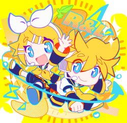 Rule 34 | 1boy, 1girl, :d, arm up, banana, black shorts, blonde hair, blue eyes, bow, bright pupils, chibi, clenched hand, closed mouth, detached sleeves, eyes visible through hair, fang, food, fruit, hair bow, headset, kagamine len, kagamine rin, looking at viewer, microphone, neckerchief, necktie, open mouth, orange (fruit), parted bangs, shirt, short hair, shorts, sleeveless, sleeveless shirt, smile, sowao., spiked hair, vocaloid, white bow, white pupils, white shirt, yellow background, yellow neckerchief, yellow necktie, yellow theme