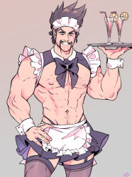 Rule 34 | 1boy, alternate costume, apron, bara, bare arms, bare shoulders, black bow, black bowtie, black skirt, bow, bowtie, brown background, brown hair, brown thighhighs, chest hair, cocktail glass, cowboy shot, crossdressing, cup, draven, drinking glass, enmaided, facial hair, frilled apron, frills, garter straps, gatopescado3, grin, highres, holding, holding tray, league of legends, maid, maid headdress, male focus, male maid, miniskirt, mustache, navel, nipples, short hair, simple background, skirt, smile, solo, teeth, thighhighs, tray, waist apron, white apron, wrist cuffs