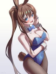 Rule 34 | 1girl, alternate breast size, amiya (arknights), animal ears, arknights, arm across waist, blue bow, blue bowtie, blue eyes, blush, bow, bowtie, breasts, brown pantyhose, cleavage, clothing cutout, cowboy shot, detached collar, embarrassed, highres, jewelry, leotard, long hair, looking at viewer, medium breasts, multiple rings, open mouth, pantyhose, playboy bunny, ponytail, rabbit ears, rabbit girl, rabbit tail, ring, sidelocks, simple background, solo, strapless, strapless leotard, sweatdrop, tail, tail through clothes, tanagawa makoto, very long hair, white background