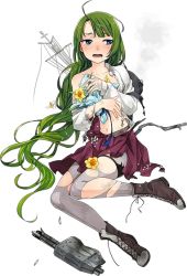 Rule 34 | 10s, 1girl, ahoge, blouse, blue eyes, blush, boots, broken, collarbone, covering privates, cross-laced footwear, damaged, dress, flower, fujikawa, full body, green eyes, green hair, kantai collection, lace-up boots, long hair, long sleeves, looking to the side, matching hair/eyes, mole, mole under mouth, navel, official art, open mouth, pantyhose, purple pantyhose, school uniform, shirt, sitting, skirt, solo, teeth, torn clothes, torn dress, torn pantyhose, torn shirt, transparent background, very long hair, white background, white shirt, yokozuwari, yuugumo (kancolle)