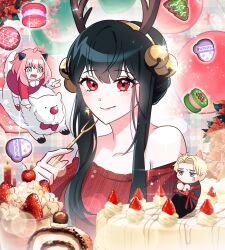 Rule 34 | 1boy, 2girls, absurdres, antlers, anya (spy x family), bare shoulders, bell, black hair, blonde hair, blush, bond (spy x family), bow, bowtie, cake, chibi, child, christmas cake, cookie, dog, earrings, father and daughter, flower, food, fruit, gold earrings, gold hairband, green eyes, hair bell, hair ornament, hairband, hairpods, highres, horns, jewelry, kkyy7870, long hair, looking at viewer, medium hair, mother and daughter, multiple girls, off-shoulder sweater, off shoulder, open mouth, parted bangs, pink hair, poinsettia, red bow, red bowtie, red eyes, red ribbon, red sweater, reindeer antlers, ribbon, short hair, sidelocks, smile, spy x family, strawberry, sweater, twilight (spy x family), upper body, yor briar